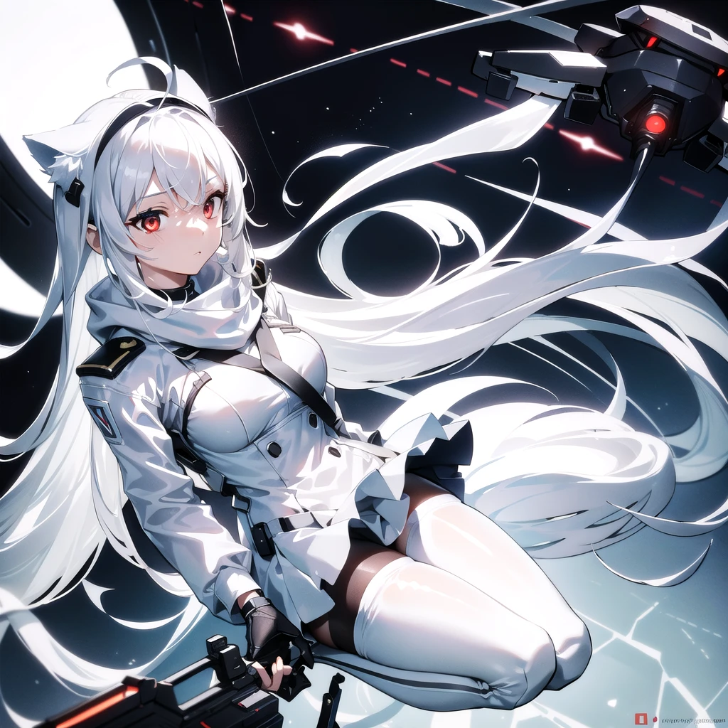 masterpiece, highest quality, highest resolution, clear_image, detailed details, White hair, long hair, cat ears, 1 girl, red eyes, military gear (wearing military gear with a short skirt and white pantyhose), sci-fi drones (drones flying around), white scarf (white scarf covering the neck), gray futuristic halo (gray halo over the head), white futuristic wings (white futuristic wings attached to the waist of the body) ,hold a realistic rifle, cute, no water marks, space (in earth's orbit)