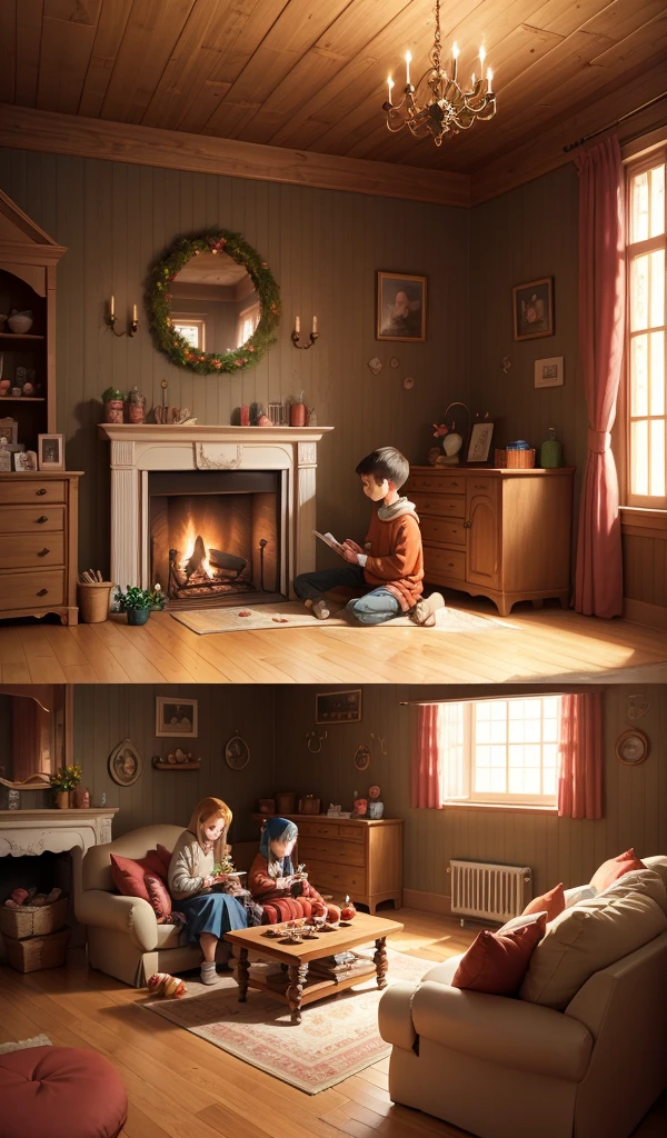 (anime, digital paint, interior of gingerbread house, warm and inviting, the children eating sweets, cozy fireplace, detailed candy and food)