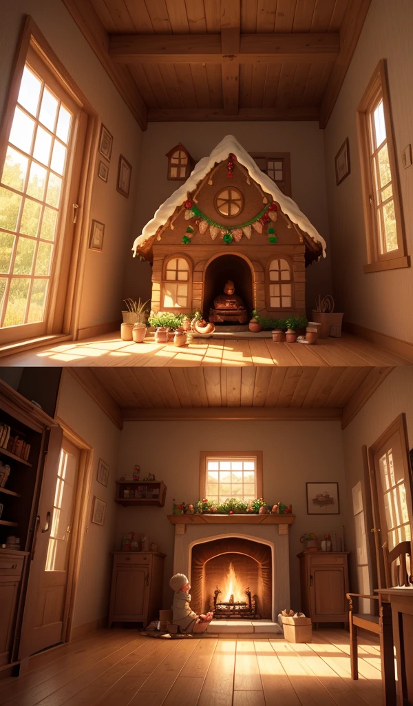 (anime, digital paint, interior of gingerbread house, warm and inviting, the children eating sweets, cozy fireplace, detailed candy and food)