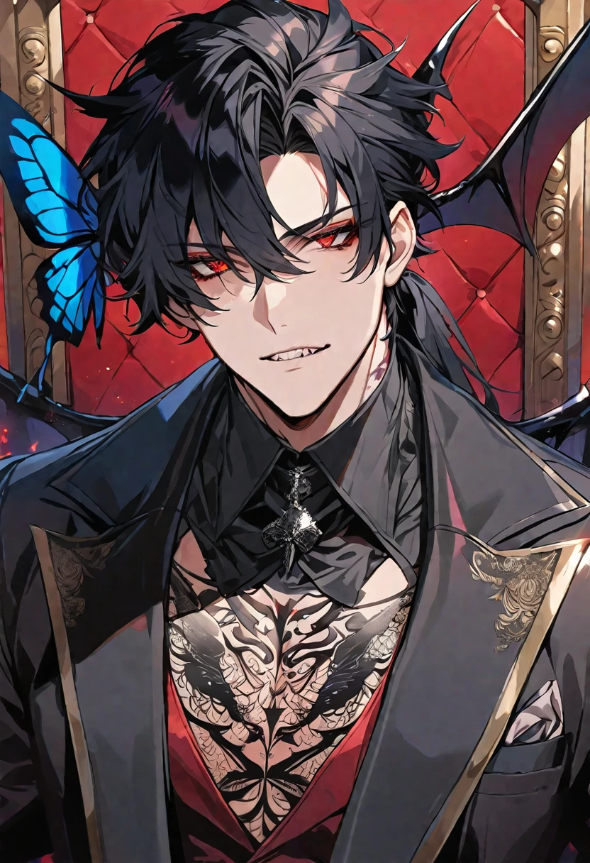 Solo, handsome, Glossy feel,
1. male,
bangs,Straight Hair, ponytail,
black hair,
Gojo Satoru,
red Eyes,Soft look,beautiful,beautiful,sexly,Darkness,butterfly Tattoo,black Rose Tattoo,devil, devil wing,double tooth,
oversized black coat,suit,clavicle,Stylish,
skin,Black Rose,Alluring,sexly,
throne,
red background,Close-up,
