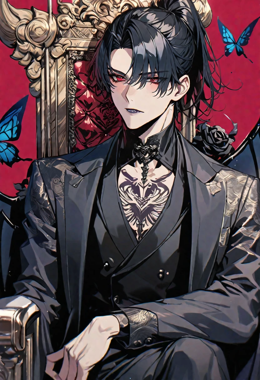 Solo, handsome, Glossy feel,
1. male,
bangs,Straight Hair, ponytail,
black hair,
Gojo Satoru,
red Eyes,Soft look,beautiful,beautiful,sexly,Darkness,butterfly Tattoo,black Rose Tattoo,devil, devil wing,double tooth,
oversized black coat,suit,clavicle,Stylish,
skin,Black Rose,Alluring,sexly,
throne,
red background,Close-up,