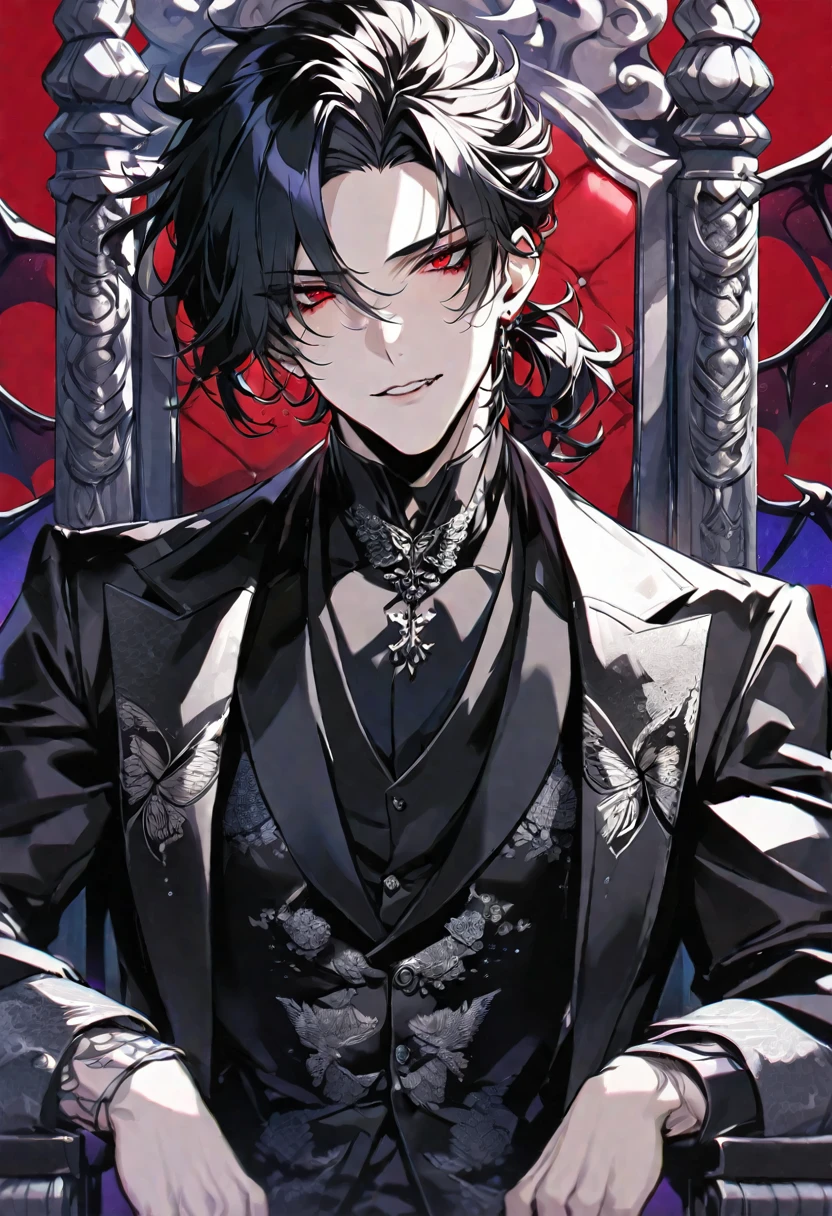 Solo, handsome, Glossy feel,
1. male,
bangs,Straight Hair, ponytail,
black hair,
Gojo Satoru,
red Eyes,Soft look,beautiful,beautiful,sexly,Darkness,butterfly Tattoo,black Rose Tattoo,devil, devil wing,double tooth,
oversized black coat,suit,clavicle,Stylish,
skin,Black Rose,Alluring,sexly,
throne,
red background,Close-up,