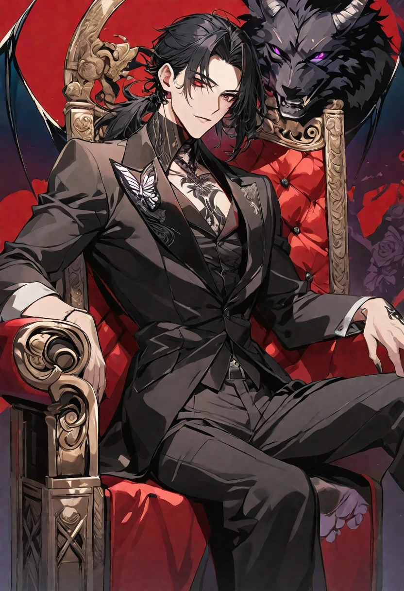 Solo, handsome, Glossy feel,
1. male,
bangs,Straight Hair, ponytail, 
black hair, 
Gojo Satoru,
red Eyes,Soft look,beautiful,beautiful,sexly,Darkness,butterfly Tattoo,black Rose Tattoo,devil, devil wing,double tooth,
oversized black coat,suit,clavicle,Stylish,
skin,Black Rose,Alluring,sexly,
throne,
red  background,Close-up,