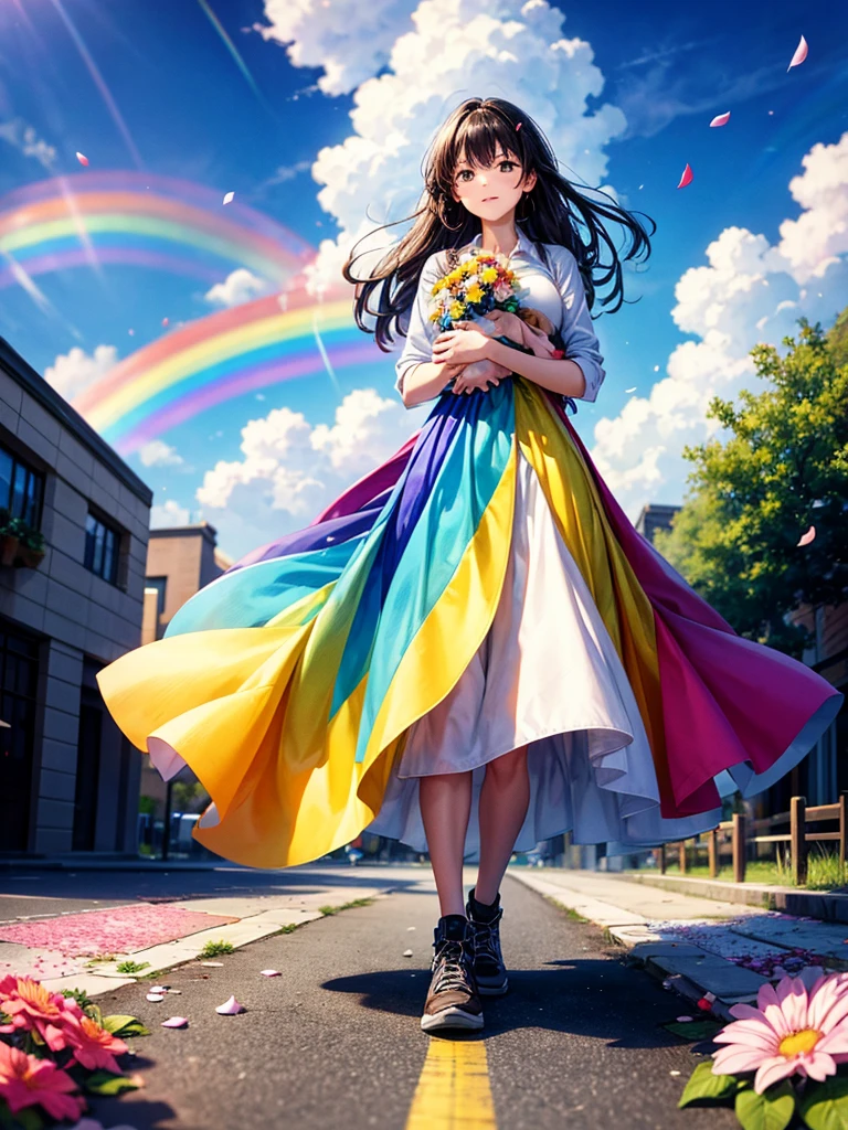 Highest quality,Highest Resolution,A woman walking down a sidewalk with falling flower petals, holding a baby,Rainbow in the background sky,