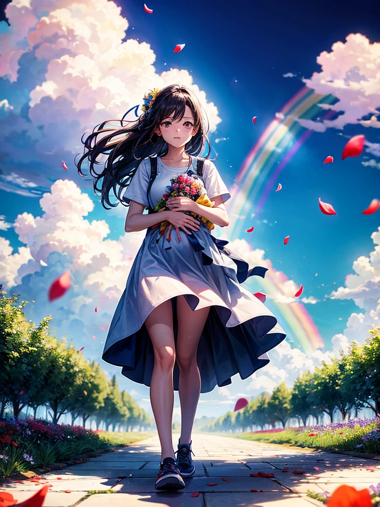 Highest quality,Highest Resolution,A woman walking down a sidewalk with falling flower petals, holding a ,Rainbow in the background sky,