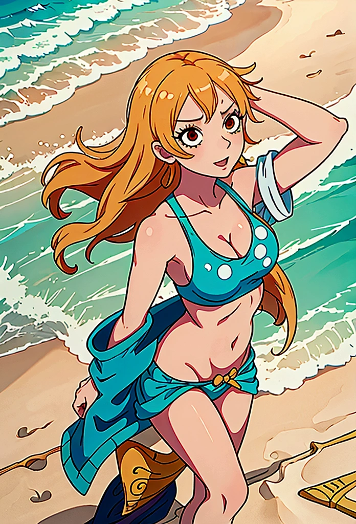 make a youtube banner using the characters nami from one piece at the beach