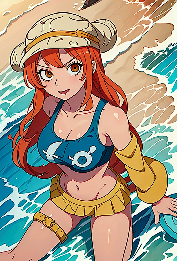 make a youtube banner using the characters nami from one piece at the beach