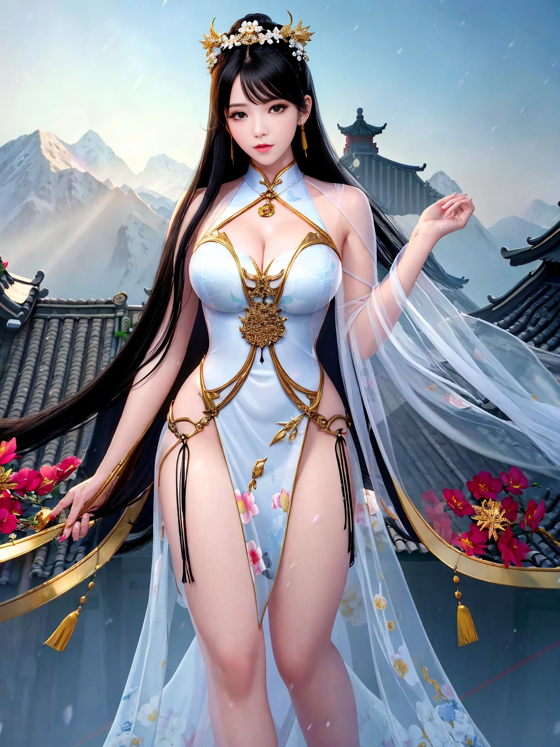 Top quality, masterpiece, high resolution, Chinese,,,,mountain peak,,mountain peak,,,,,,Rooftop,,,,,,,naked,,stand erect,,1girl, charming appearance and personality, big body, extremely sexy, ,,,,Floral print ,, ,Floral print,, Light yellow floral fragments,,(transparent ), large hollow see-through, beautiful and delicate face, (desire figure) perfect slim figure (nipple slip: 0.5), perfect white skin,stand erect,,Smooth black long hair,,,,Black Hair