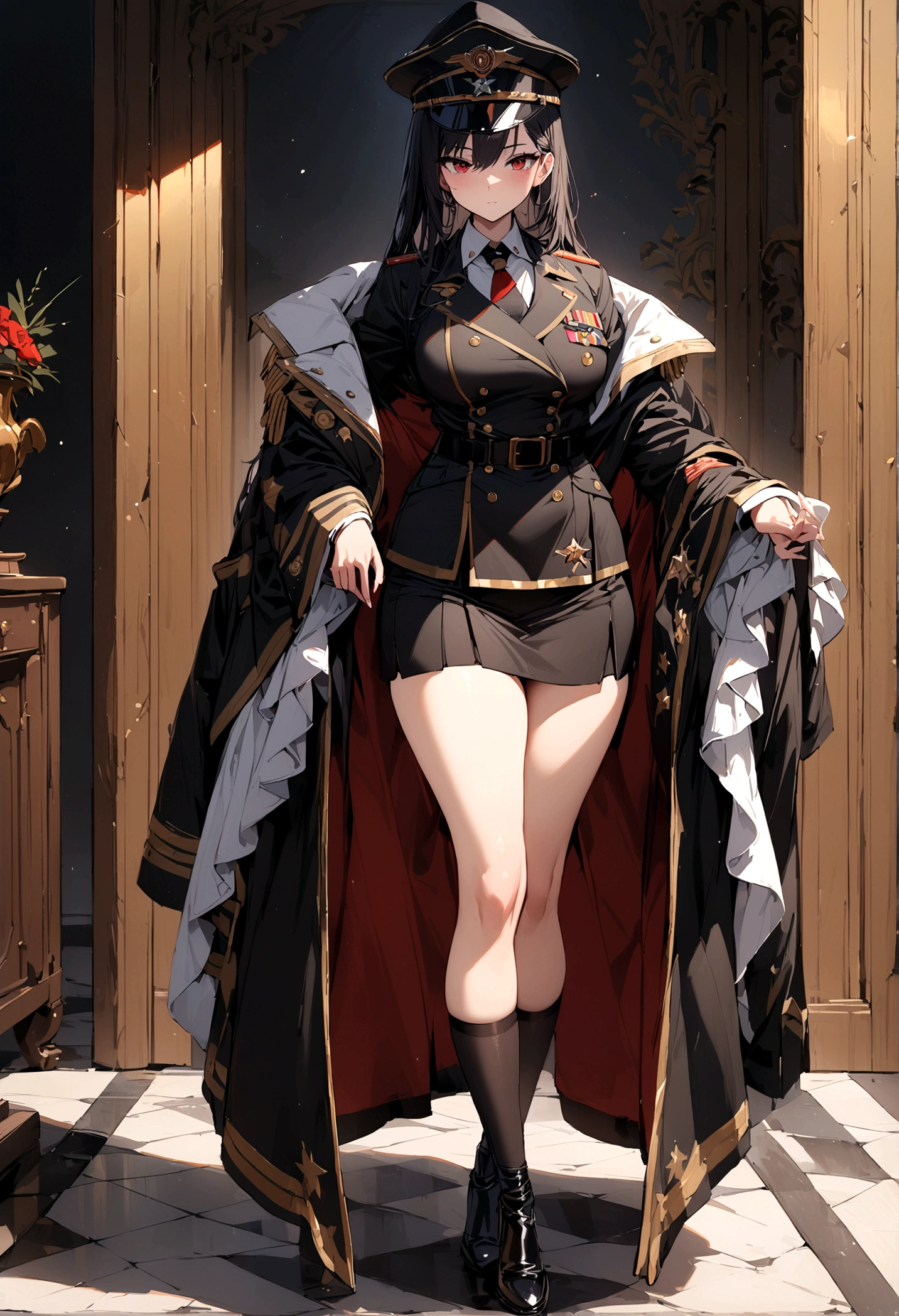 high quality, masterpiece, beautiful detailed, 1girl, shoulder length hair, black hair, red eyes, female , black skirt, president, black sergeant hat, full body
