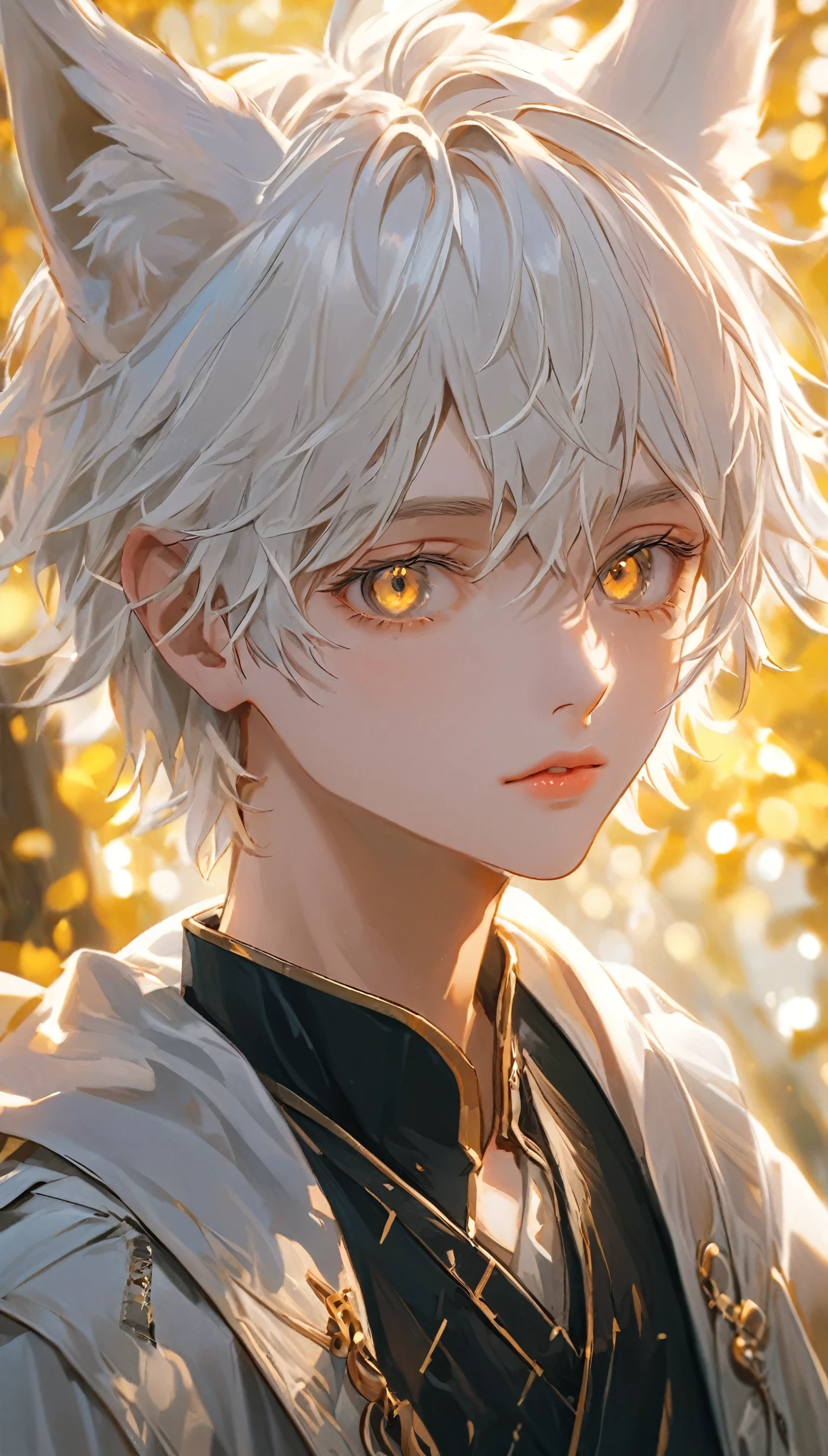 A white-haired anime boy with fox ears, blushing shyly, (best quality,4k,8k,highres,masterpiece:1.2),ultra-detailed,(realistic,photorealistic,photo-realistic:1.37),HDR,UHD,studio lighting,ultra-fine painting,sharp focus,physically-based rendering,extreme detail description,professional,vivid colors,bokeh,portraits,anime,fantasy,cute,adorable,detailed face,beautiful detailed eyes,beautiful detailed lips,extremely detailed eyes and face,long eyelashes,soft lighting,warm color palette,glowing skin,delicate features