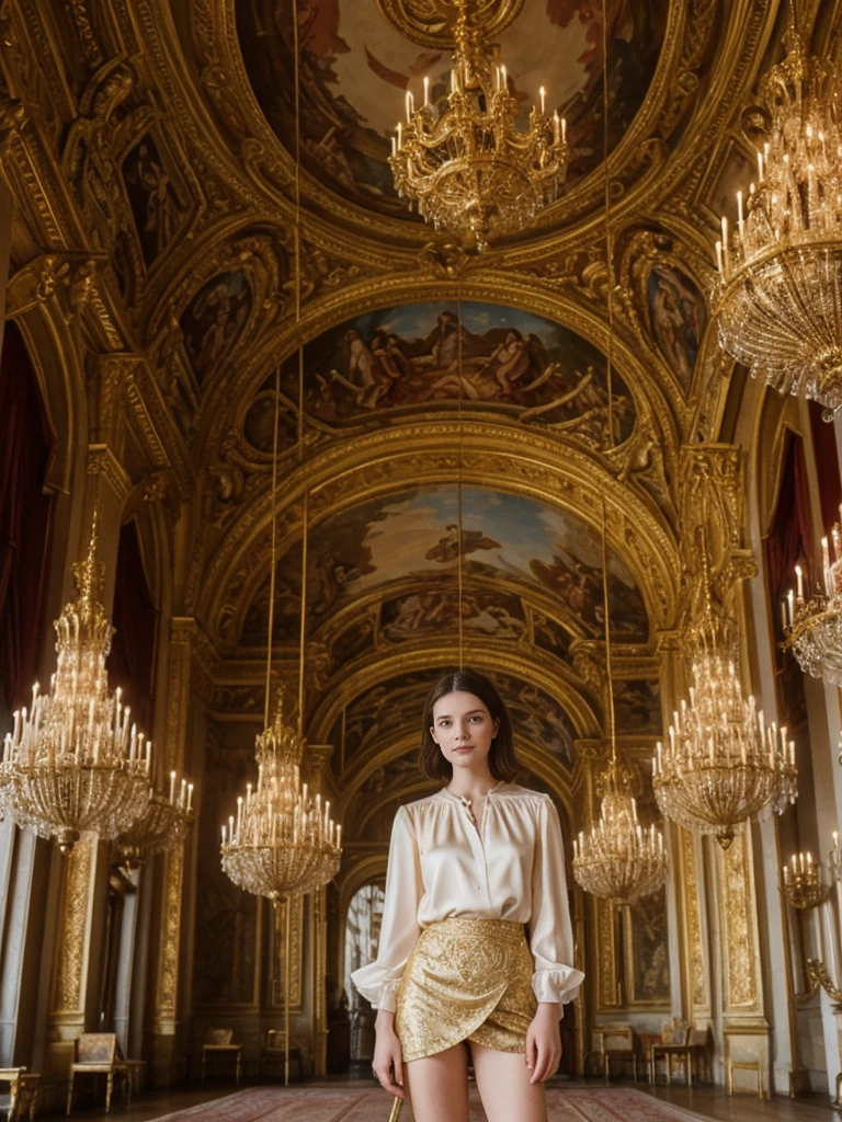 her name is Elle, high quality, 1girl, ((20-year-old fit Caucasian woman)), ((20 years old)), ((fit)), ((pale skin)), short length straight dark hair , wearingRuched Front Satin Blouse + High-Waisted Asymmetrical Skirt, pose: standing, background: Describe the opulent interior of the Palace of Versailles in France, with its ornate Hall of Mirrors, gilded chandeliers, intricate frescoes, and grandeur that reflects the extravagance of the French monarchy.