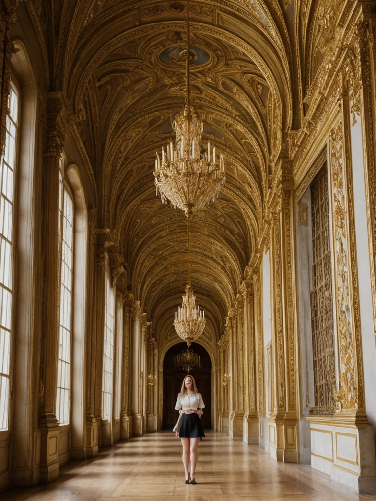 her name is Elle, high quality, 1girl, ((20-year-old fit Caucasian woman)), ((20 years old)), ((fit)), ((pale skin)), short length straight dark hair , wearingRuched Front Satin Blouse + High-Waisted Asymmetrical Skirt, pose: standing, background: Describe the opulent interior of the Palace of Versailles in France, with its ornate Hall of Mirrors, gilded chandeliers, intricate frescoes, and grandeur that reflects the extravagance of the French monarchy.