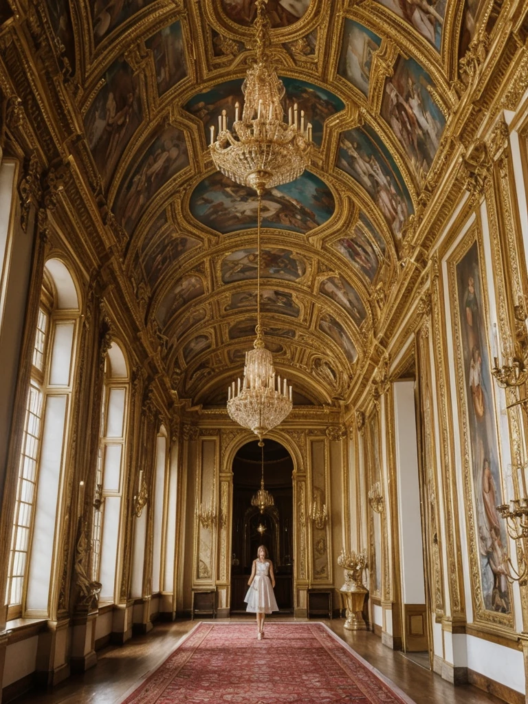 her name is Elle, high quality, 1girl, ((20-year-old fit Caucasian woman)), ((20 years old)), ((fit)), ((pale skin)), short length straight dark hair , wearingRuched Front Satin Blouse + High-Waisted Asymmetrical Skirt, pose: standing, background: Describe the opulent interior of the Palace of Versailles in France, with its ornate Hall of Mirrors, gilded chandeliers, intricate frescoes, and grandeur that reflects the extravagance of the French monarchy.