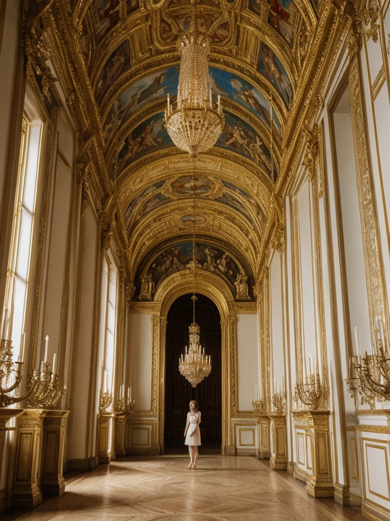 her name is Elle, high quality, 1girl, ((20-year-old fit Caucasian woman)), ((20 years old)), ((fit)), ((pale skin)), short length straight dark hair , wearingRuched Front Satin Blouse + High-Waisted Asymmetrical Skirt, pose: standing, background: Describe the opulent interior of the Palace of Versailles in France, with its ornate Hall of Mirrors, gilded chandeliers, intricate frescoes, and grandeur that reflects the extravagance of the French monarchy.