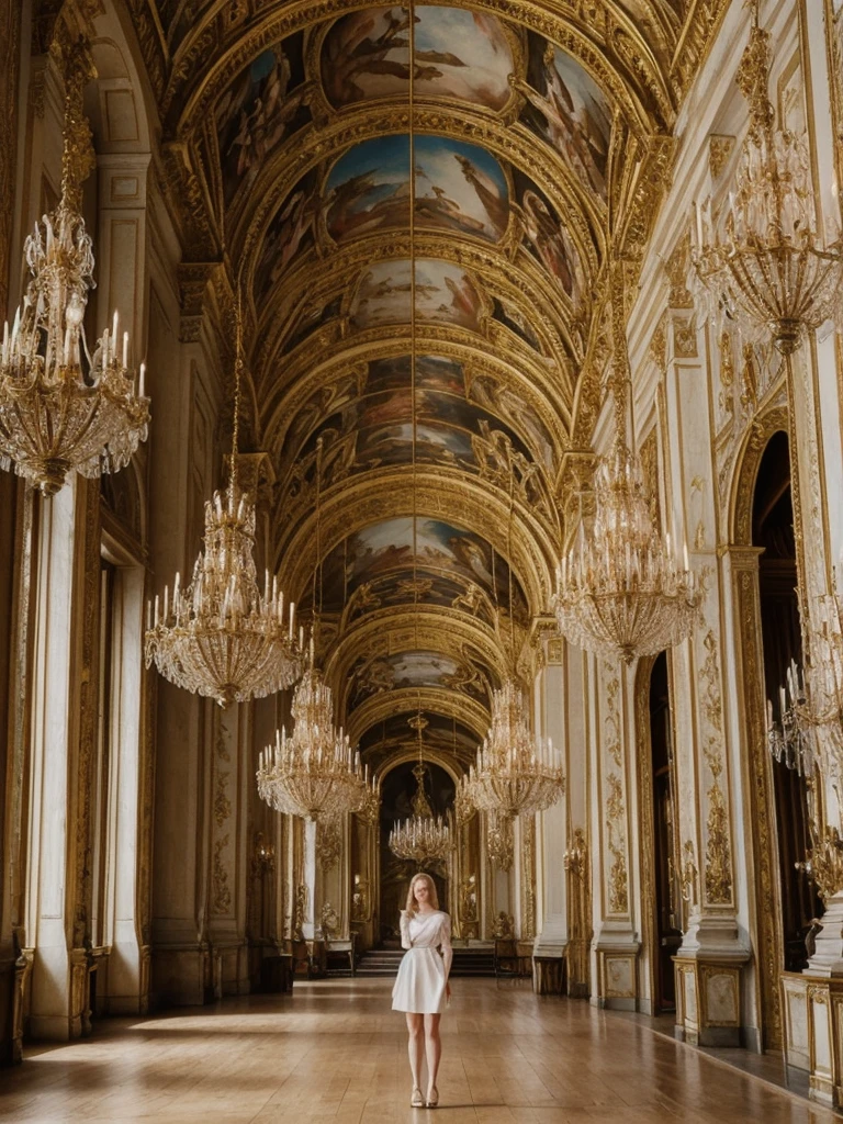 her name is Elle, high quality, 1girl, ((20-year-old fit Caucasian woman)), ((20 years old)), ((fit)), ((pale skin)), short length straight dark hair , wearingRuched Front Satin Blouse + High-Waisted Asymmetrical Skirt, pose: standing, background: Describe the opulent interior of the Palace of Versailles in France, with its ornate Hall of Mirrors, gilded chandeliers, intricate frescoes, and grandeur that reflects the extravagance of the French monarchy.