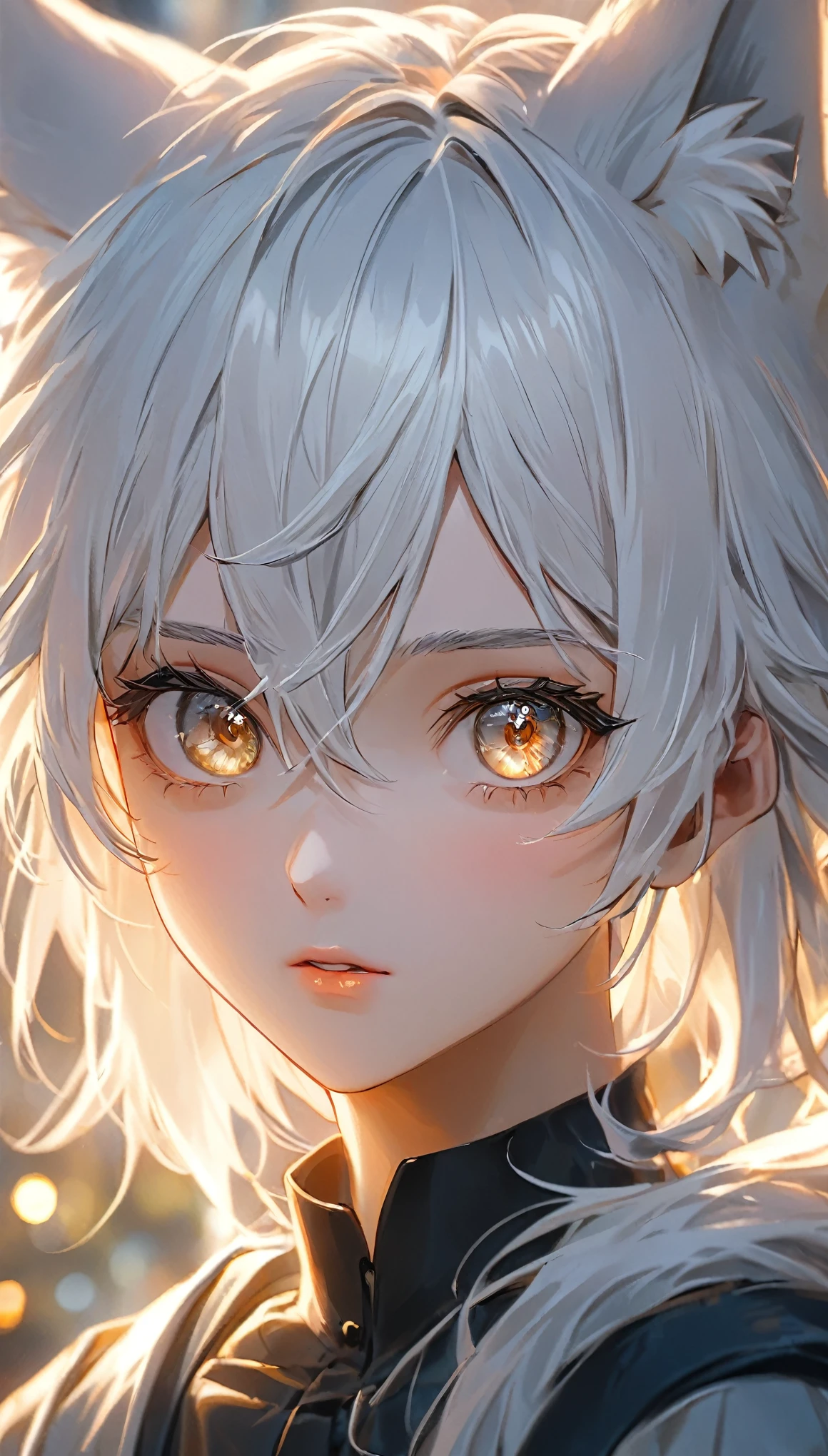 A white-haired anime boy with fox ears, blushing shyly, (best quality,4k,8k,highres,masterpiece:1.2),ultra-detailed,(realistic,photorealistic,photo-realistic:1.37),HDR,UHD,studio lighting,ultra-fine painting,sharp focus,physically-based rendering,extreme detail description,professional,vivid colors,bokeh,portraits,anime,fantasy,cute,adorable,detailed face,beautiful detailed eyes,beautiful detailed lips,extremely detailed eyes and face,long eyelashes,soft lighting,warm color palette,glowing skin,delicate features