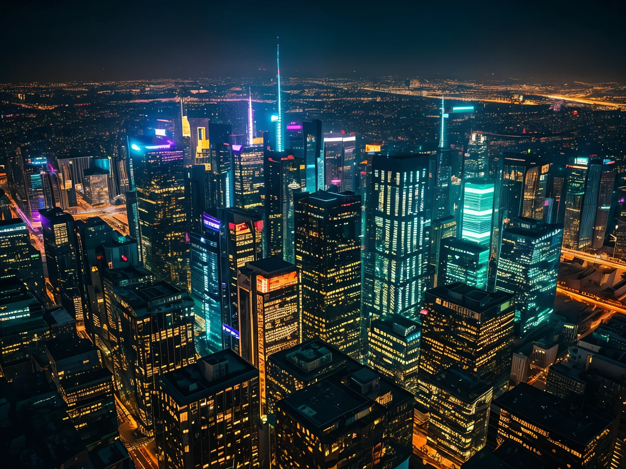 Watching from high above, the viewer is drawn into a neon future city that glows with the highest quality of light. The night view showcases skyscrapers piercing the dark sky, their sleek surfaces reflecting the vibrant hues of neon signs and holographic projections. The cityscape is a photograph captured in stunning detail, each building and street corner meticulously rendered to evoke a sense of bustling energy and modernity. The image is a mesmerizing blend of technological prowess and urban beauty, inviting viewers to immerse themselves in a futuristic world that pulses with life.