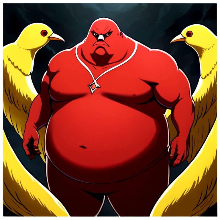Monster fat man, red jersey, canary bird, dark, red eyes, nine tails, four hand, crypy ekspreesion