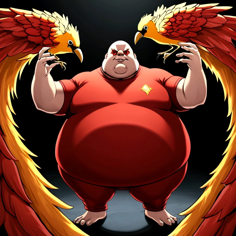 Monster fat man, red jersey, canary bird, dark, red eyes, nine tails, four hand, crypy ekspreesion
