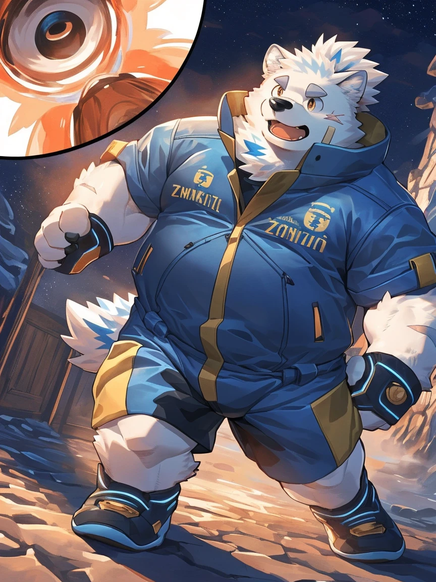 human nature, Wildlife, male,18 years old， solitary, ((Round Face, The face is plump,Orange eyes,Thick white hair，With scars)), ((Endomorph, Handsome，enthusiasm)), (Sportswear，Light blue and white coat，Wear a sports cap), ((domestic 犬, Dog Orc，) Fluffy fur, Fluffy), Bokeh, (high quality, high resolution, masterpiece), (Dynamic Lighting, Vibrant colors，Natural fill light), (Revitalize，harm，Disdain，aggressive), Full body picture (close up), cartoon, author：Takemoto Arashi, From zixiong, By Chunni, author：Empty Ghost，（background：Night cottage door）