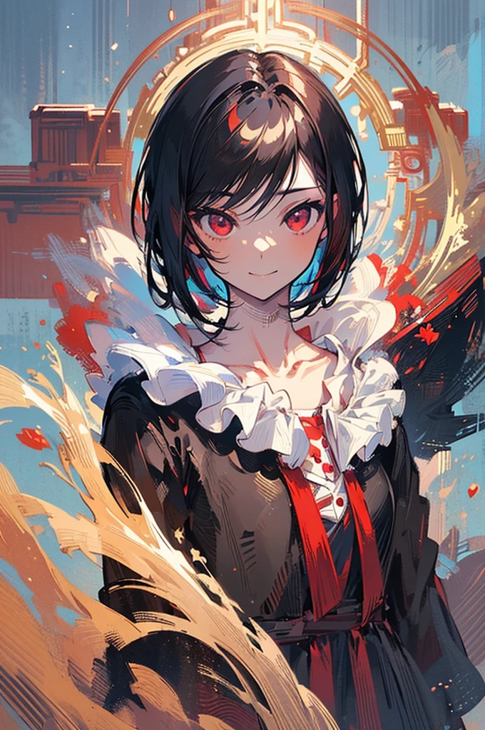 (masterpiece, highest quality, highest quality, (No text), Beautiful and aesthetic:1.2),No text,アニメ、 high resolution BREAK,One Girl,Short black hair Tree Eyes Beautiful eyes Red eyes Beautiful girl cool smile Black Coat mini skirt Whole body Night view Detailed eyes and face