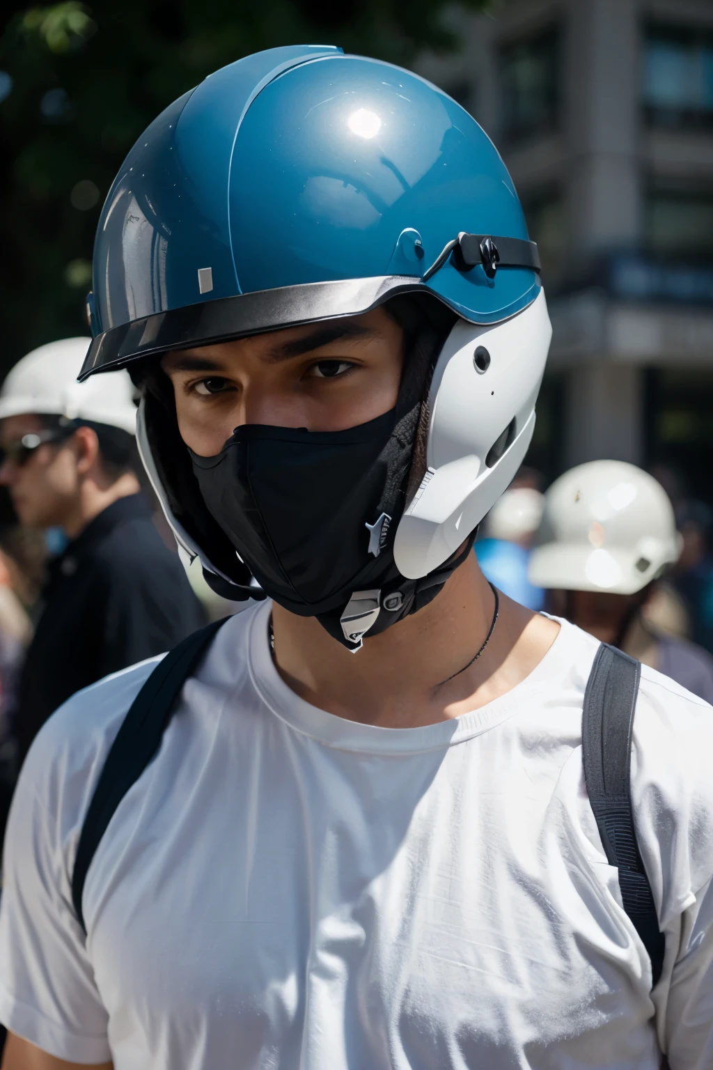 Create an image of a man wearing a helmet, unable to see his face.