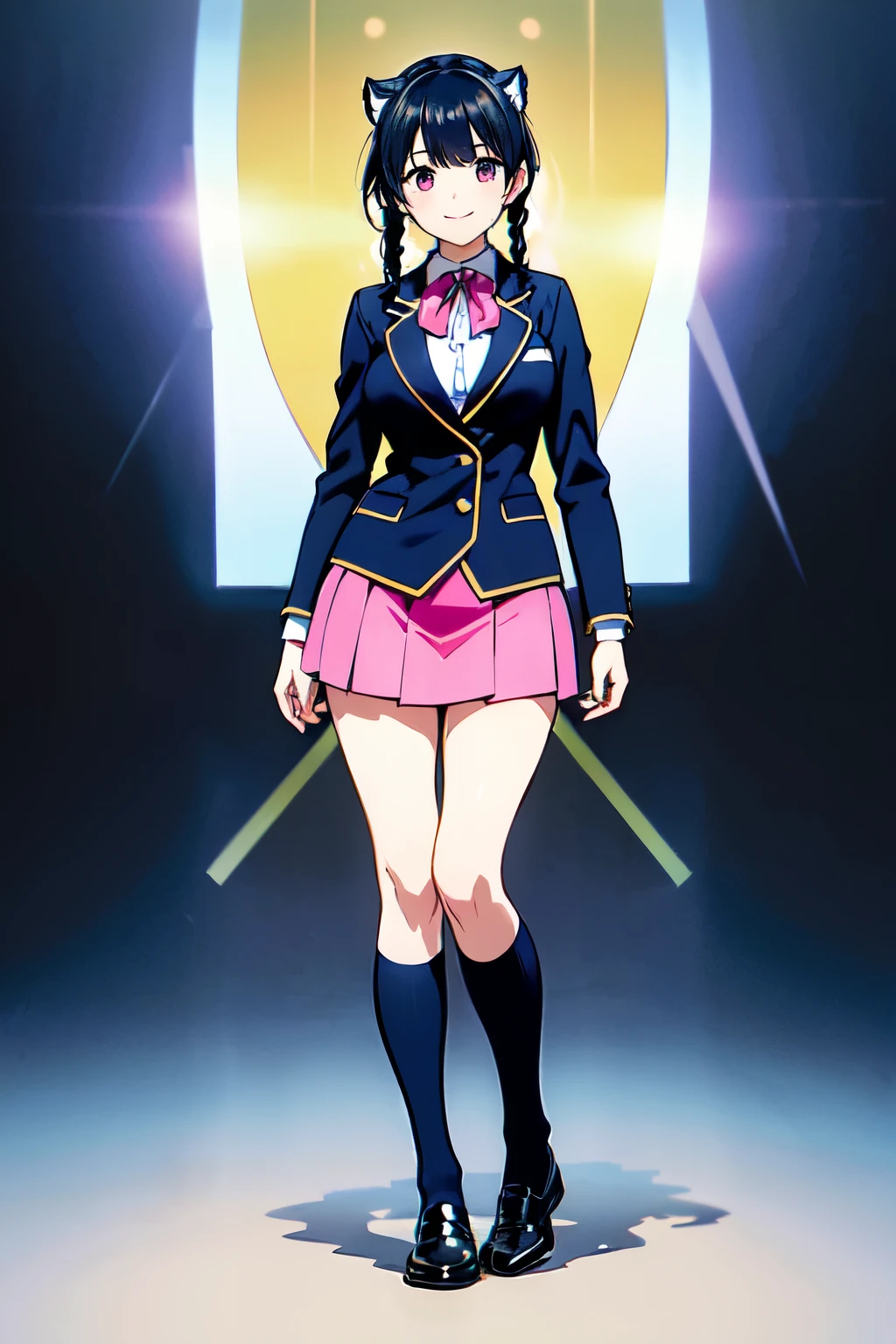 masterpiece, 32k, extremely detailed, finely detail, intricate details,
BREAK
(absurdres:1.1, highres:1.1, ultra detailed:1.1),
insanely detailed, absurdres,
(high resolution:1.1, ray tracing:1.1, refraction:1.1)
(1girl, 独奏:1.3),
BREAK
perfect symmetrical face, smile, high school student, uniform, Navy blue single blazer, Pink ribbon, Knee-high socks, black hair, btwin braids, 眼鏡
BREAK,
(((full body))), pose
BREAK