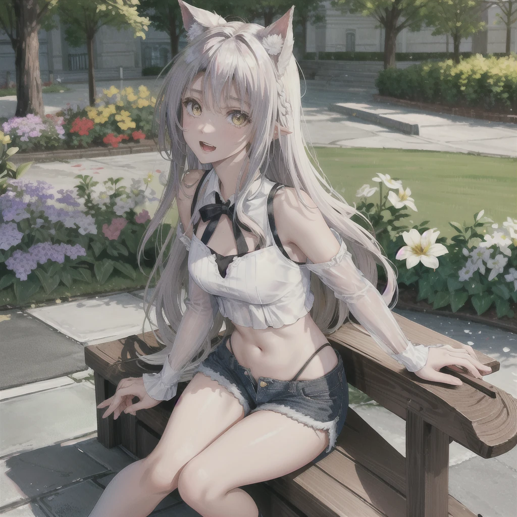 Woman with dog ears and tail, erect ears, honey yellow eyes, Highly detailed eyes, long hair and(White)with a small braid on the sides, denim shorts, translucent and low-cut blouse, whole body, looking up, open mouth smile, big chest, beautiful body, detailed face y con amplia gama de gestos, sitting on a bench around a garden with flowers of various colors, detailed background, detailed face, Play of light and shadows, cinematographic, high quality, 8k, Masterpiece, 