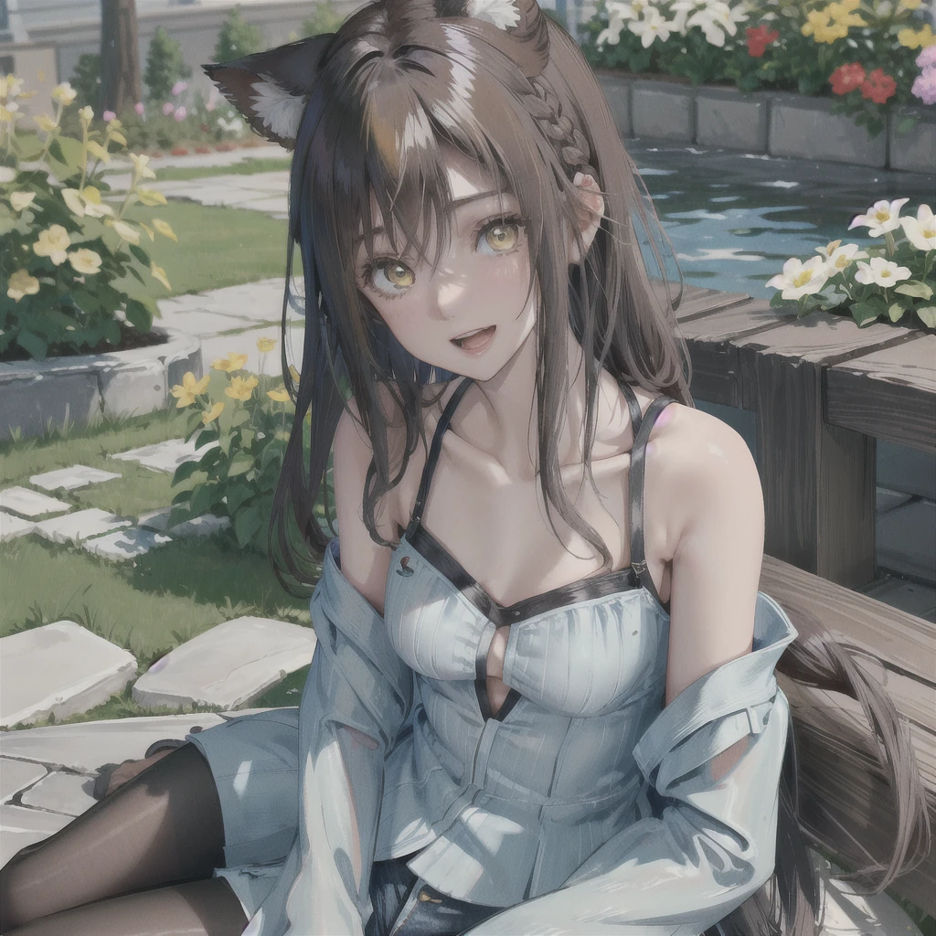 Woman with dog ears and tail, erect ears, honey yellow eyes, Highly detailed eyes, long hair and(White)with a small braid on the sides, denim shorts, translucent and low-cut blouse, whole body, looking up, open mouth smile, big chest, beautiful body, detailed face y con amplia gama de gestos, sitting on a bench around a garden with flowers of various colors, detailed background, detailed face, Play of light and shadows, cinematographic, high quality, 8k, Masterpiece,