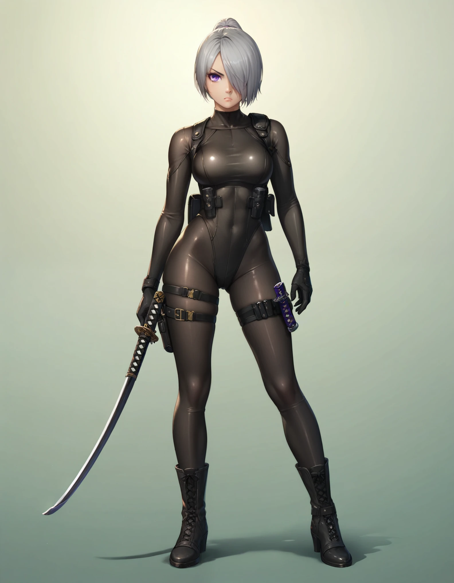 masterpiece, highly detailed, best quality, high quality, 1girl, (solo, solo focus), purple eyes, beautiful detailed eyes, beautiful detailed face, perfect hands, complete fingers, perfect anatomy, perfect proportions, (short hair, bob hair, ponytail hair, grey hair), (hair over one eye:1.3), (using weapon, katana), detailed shadows, detailed light, (black skintight bodysuit, (black leotard), shoulder holster), (full black pantyhose, skintight black leggings), matching boots, full body, serious, cowboy shot, full body costume design