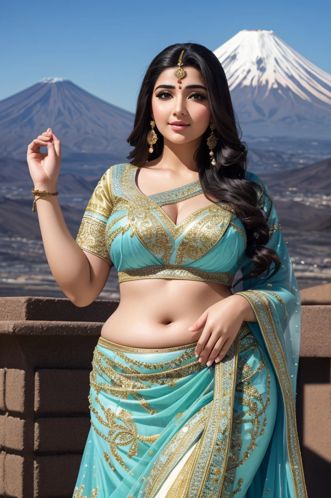 1 Heavenly beautiful and goddess beauty cute and sweet looking face Arabian woman in front of Mount Fuji, Heavenly beautiful Overweight, Heavenly beautiful Extremely fat, Heavenly beautiful and attractive Chubby figure , Heavenly beautiful looking and eye catching luxury style tight fitting Modern Lehenga, reaching out, Heavenly beautiful Arabian woman, 16k, High resolution, masterpiece, highest quality, fine skin, close up figure view, Realistic Photograph