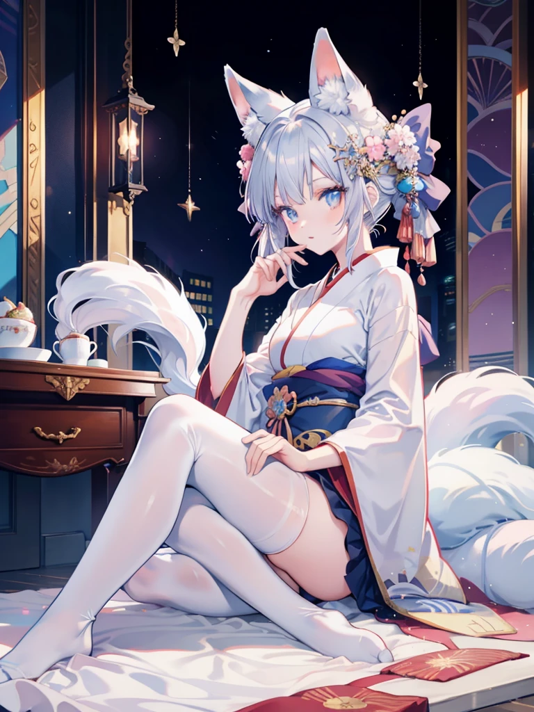  Anime role play, Anime girl role play, Anime style mixed with Fuji film, role play, a beautiful fox woman, silver hair girl, real life anime girls, kimono foxear white 
