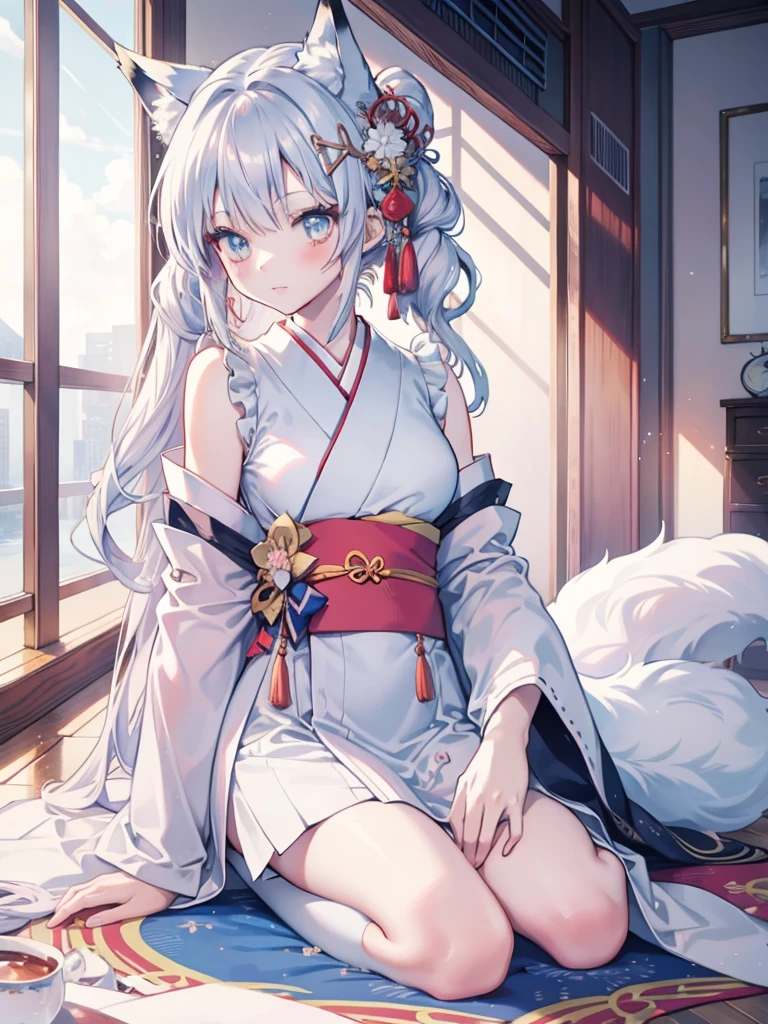 Anime role play, Anime girl role play, Anime style mixed with Fuji film, role play, a beautiful fox woman, silver hair girl, real life anime girls, kimono foxear white