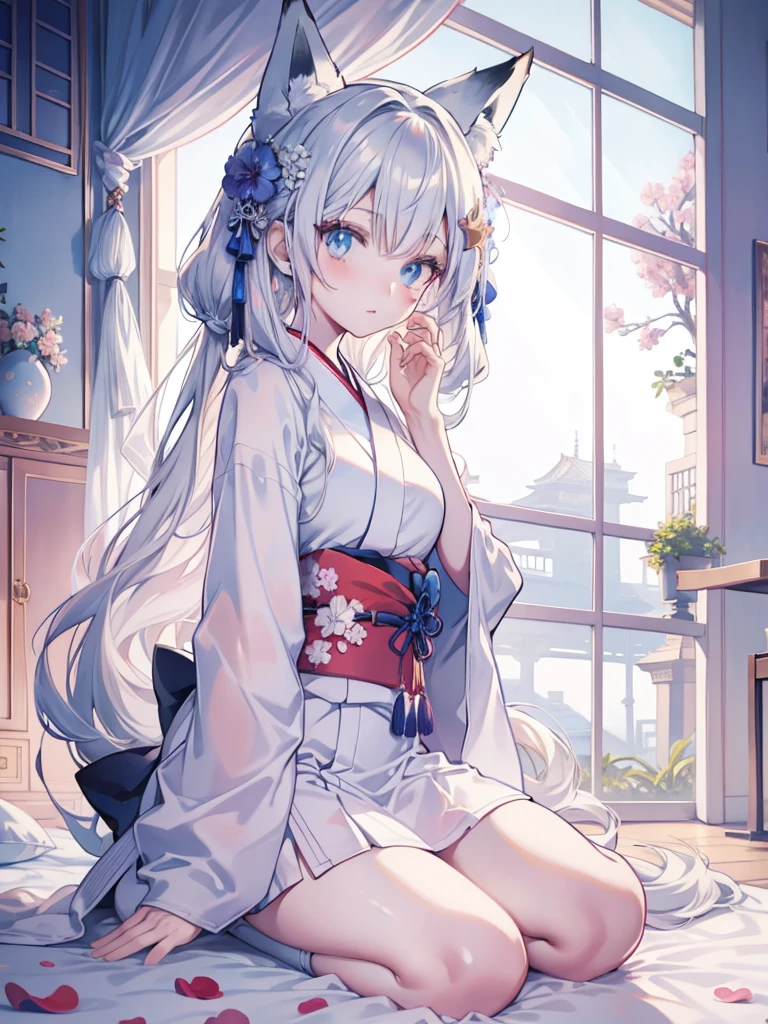 Anime role play, Anime girl role play, Anime style mixed with Fuji film, role play, a beautiful fox woman, silver hair girl, real life anime girls, kimono foxear white
