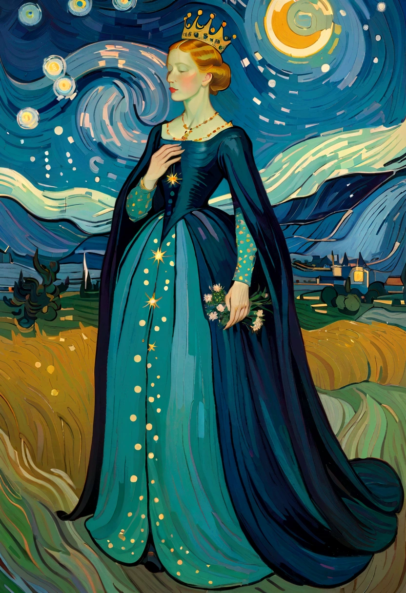 Vincent Willem van Gogh_The Starry Night, Queen, crown, elegant dress