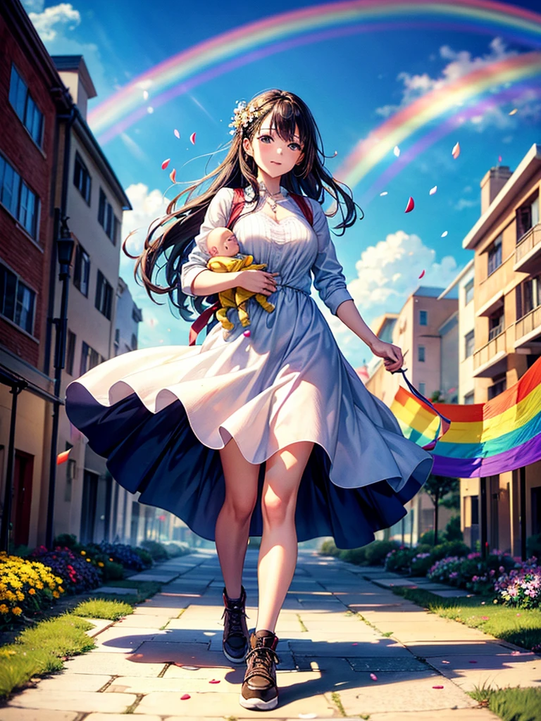 Highest quality,Highest Resolution,A woman walking down a sidewalk with falling flower petals, holding a baby,Rainbow in the background sky,