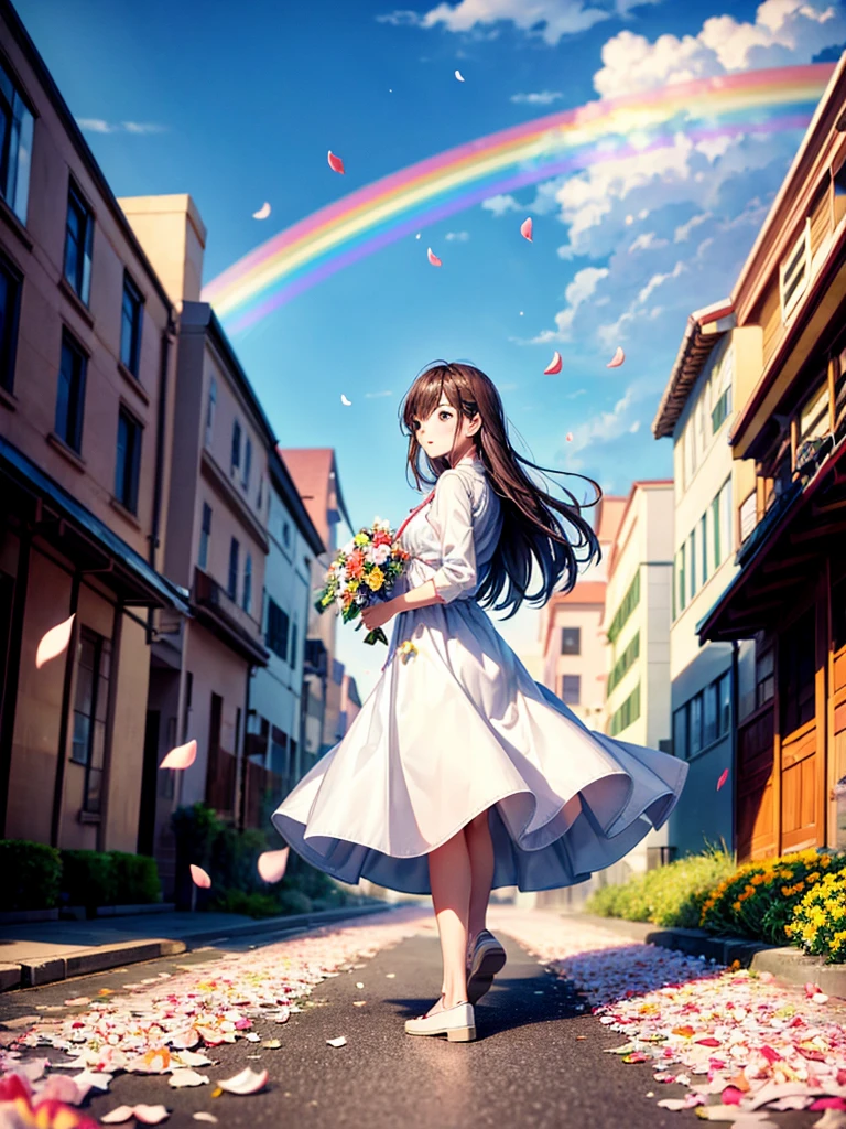 Highest quality,Highest Resolution,A woman walking down a sidewalk with falling flower petals, holding a baby,Rainbow in the background sky,