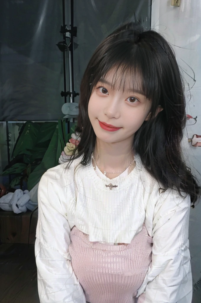 best qualtiy, Ultra-high resolution, (realisticlying:1.4),cute hairpin,Baoyu Girl,1girll,Long pink sweater,Long pink sweater ,Beautiful woman with a slim figure:1.4, abs:1.1, (A brown-haired, mideum breasts:1.3), Long pink sweater, bathroom,Ultra-fine face,Elaborate Eyes,double eyelid,ssmile,choker necklace
