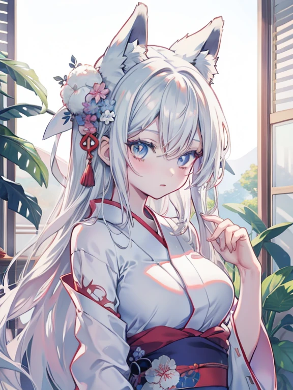 Anime role play, Anime girl role play, A fusion of anime style with Fujifilm, role play, Beautiful fox woman, White Girl, Silver-haired girl, Anime girls in real life, Kimono fox ears white nipples