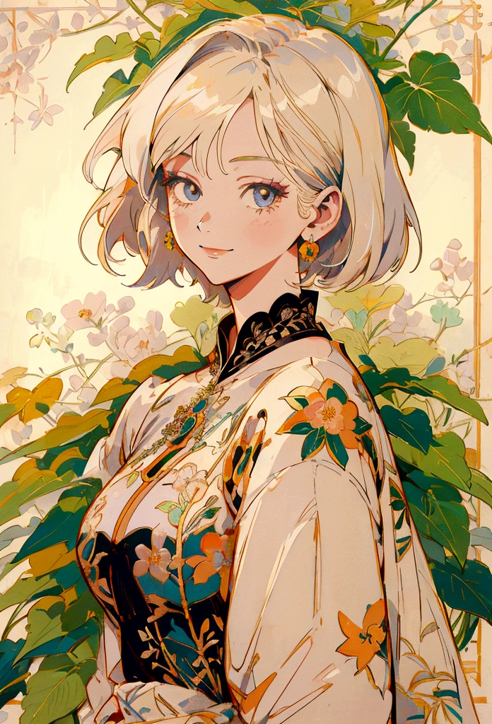 Anime Style, Kind Madame, Short Hair, Platinum Blonde, lady, She is wearing a beautiful embroidered silk dress., A kind smile, Elegant, Ultra-detailed botanical references, Maximalist Botany, beautifully、Aesthetically beautiful illustration masterpiece, Topaz AI Post Editing