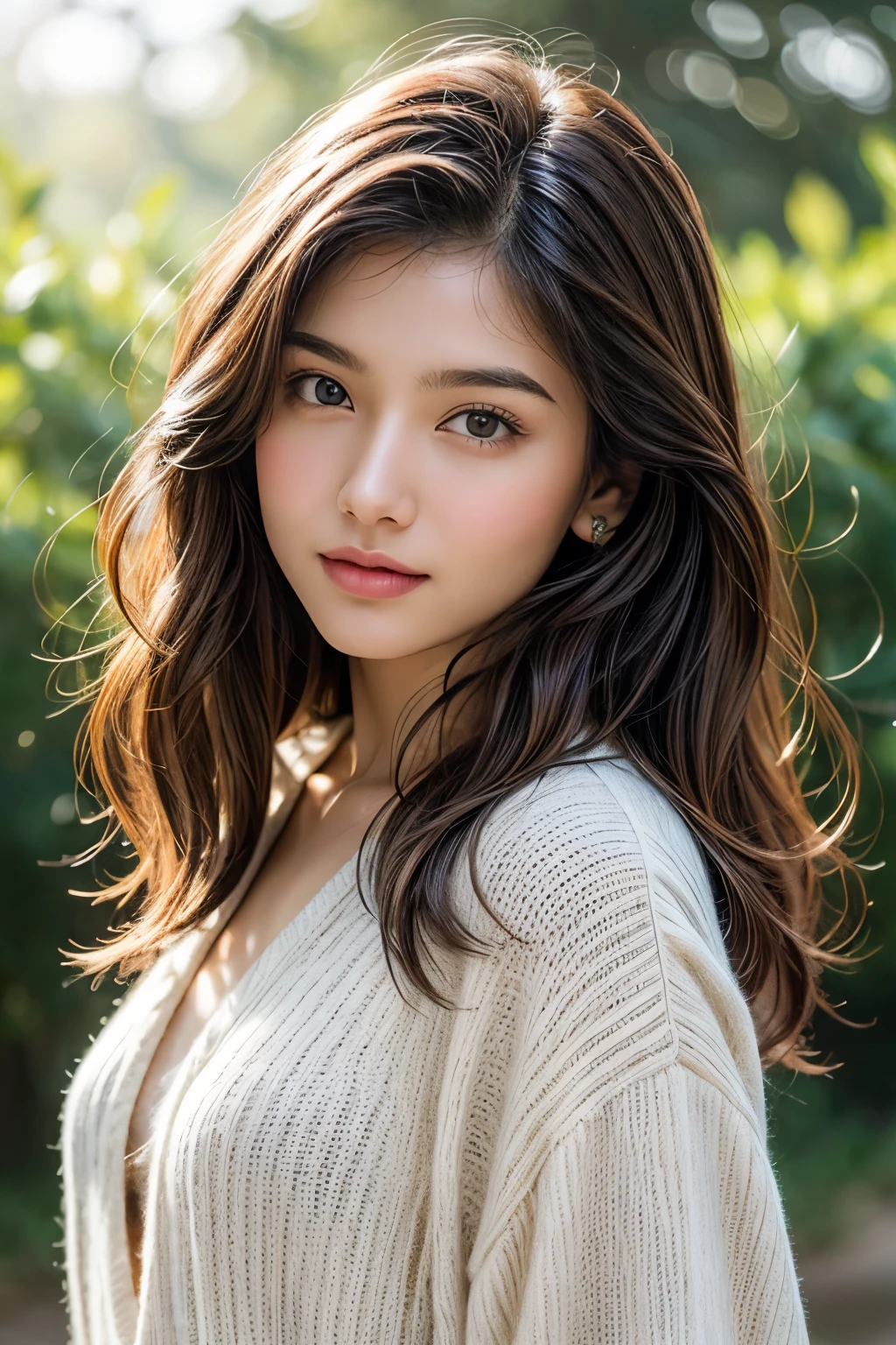 A stunning  Indian girl, 18 years old, poses waist-up in an ultra-realistic digital art piece by Razumov and Volegov. She gazes off-camera with a soft, natural light illuminating her rosy cheeks and v-shaped face. Her smooth skin is adorned with long, ginger hair styled in a bang, framing her detailed features. The focus is on her fantastic face, showcasing her bright smile and sparkling eyes. The background is a subtle watercolor blend, reminiscent of Cameron Gray's art style. The image is rendered at 8k resolution, blending the boundaries between digital and traditional mediums.