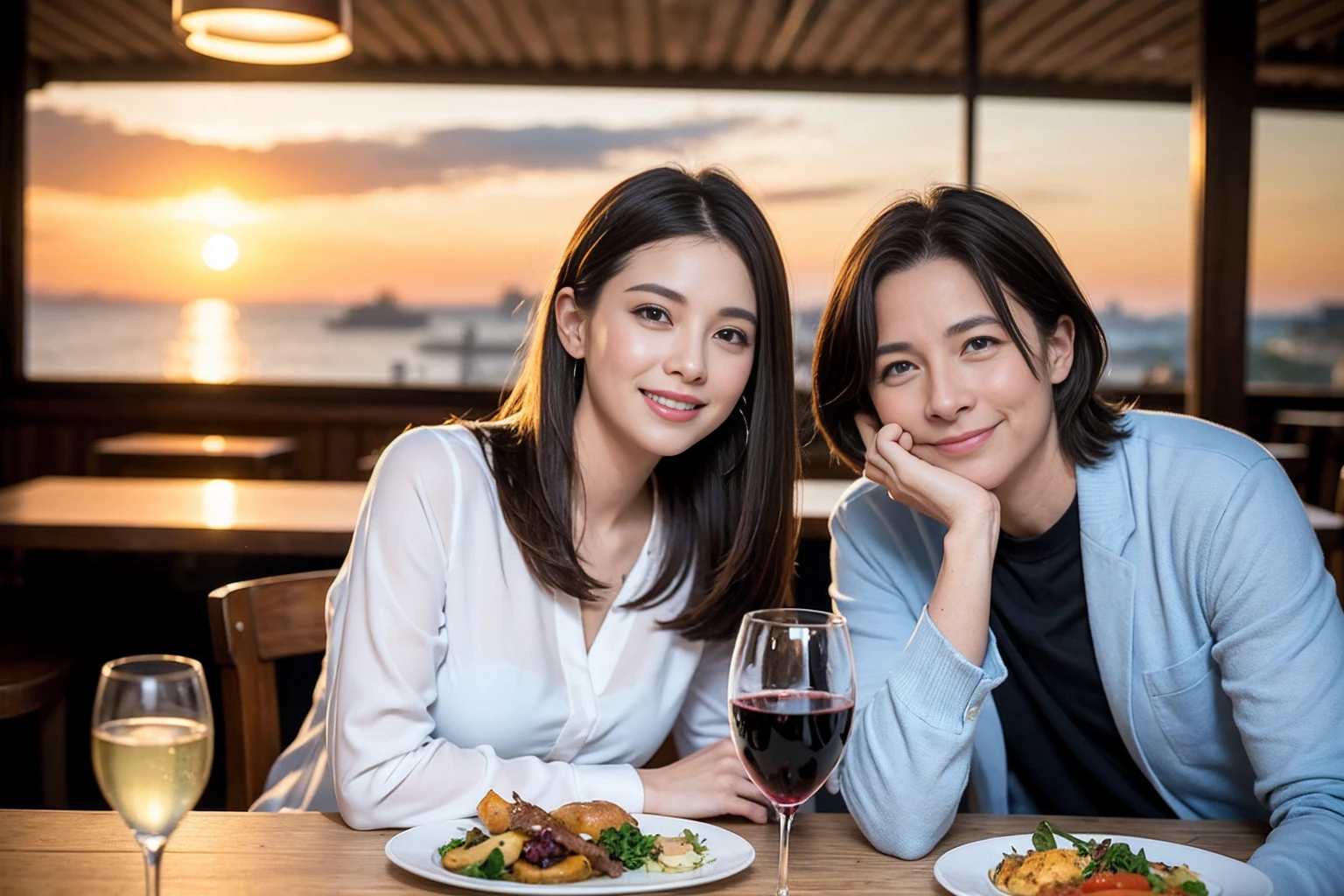 ((Highest quality、8K、masterpiece:1.3))、1 male 1 female、Slim lover、Beautiful couple、Smile、full-course dinner、 (Slim face), (the body is スリム), (Brown Hair), (Shortcuts), ((Bob Hale、Straight hair:1.2)), テーブルの上のwine glass、Shine light on your face、 Amazing view of the sunset sky and clouds、The beauty of a smile、Bright image、Blushing, Shortcuts, (43 years old), 39 years old, Appetizers、Italian food、Wine bottle、Champagne、sparkling wine、Long sleeve shirt、dress、Attractive beauty、restaurant, Nova Frog Style, actress, model, Upper Body, White wine, red wine, wine glass,