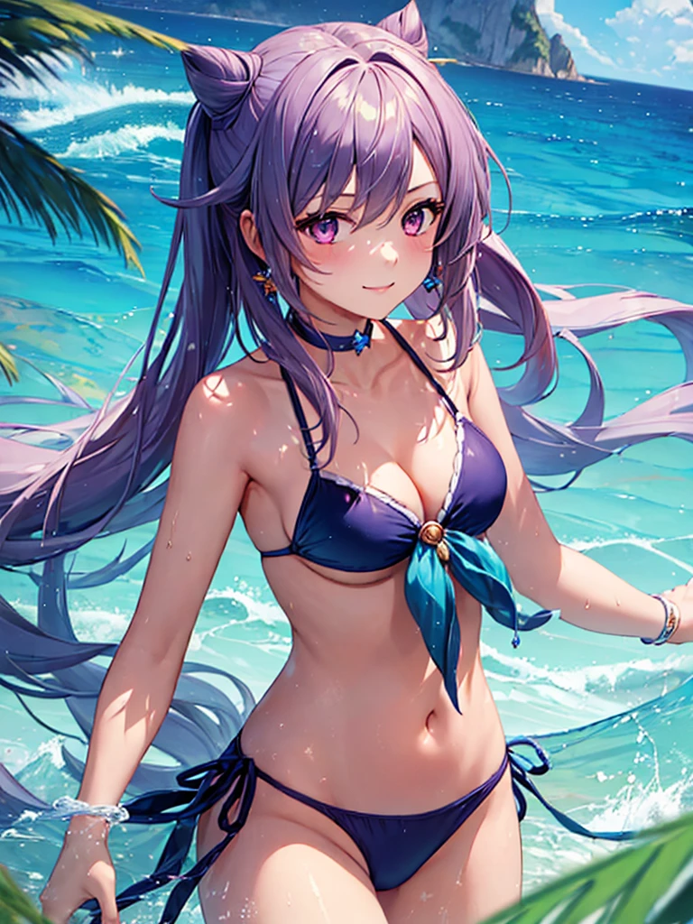 (masterpiece:1.5),(Beat quality),(high res),1girl solo,beautiful face,smile(shining eyes),upper body,light effects,Swimsuit Keqing,Ocean