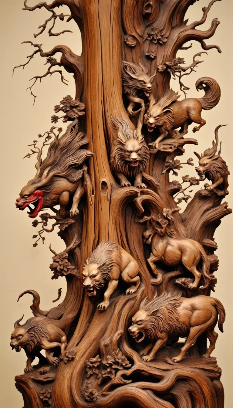 Dead wood carving design style,Four divine beasts, Qi Baishi and Chen Longque、Chen Dingbo's dynamic illustration pumpkin carving, Octane Rendering,(best quality, masterpiece, representative work, Official Art, professional, 8K:1.3)