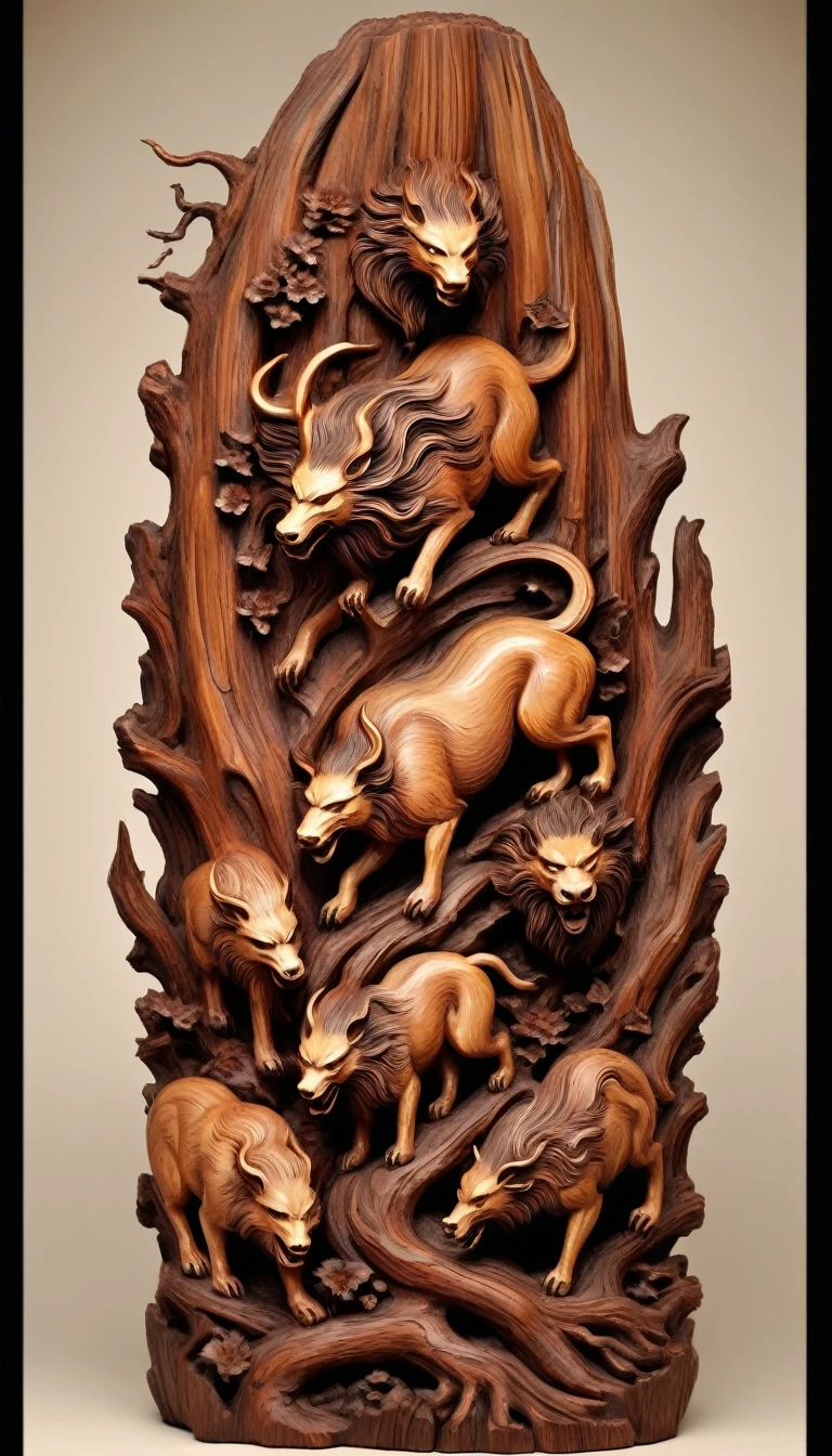 Dead wood carving design style,Four divine beasts, Qi Baishi and Chen Longque、Chen Dingbo's dynamic illustration pumpkin carving, Octane Rendering,(best quality, masterpiece, representative work, Official Art, professional, 8K:1.3)