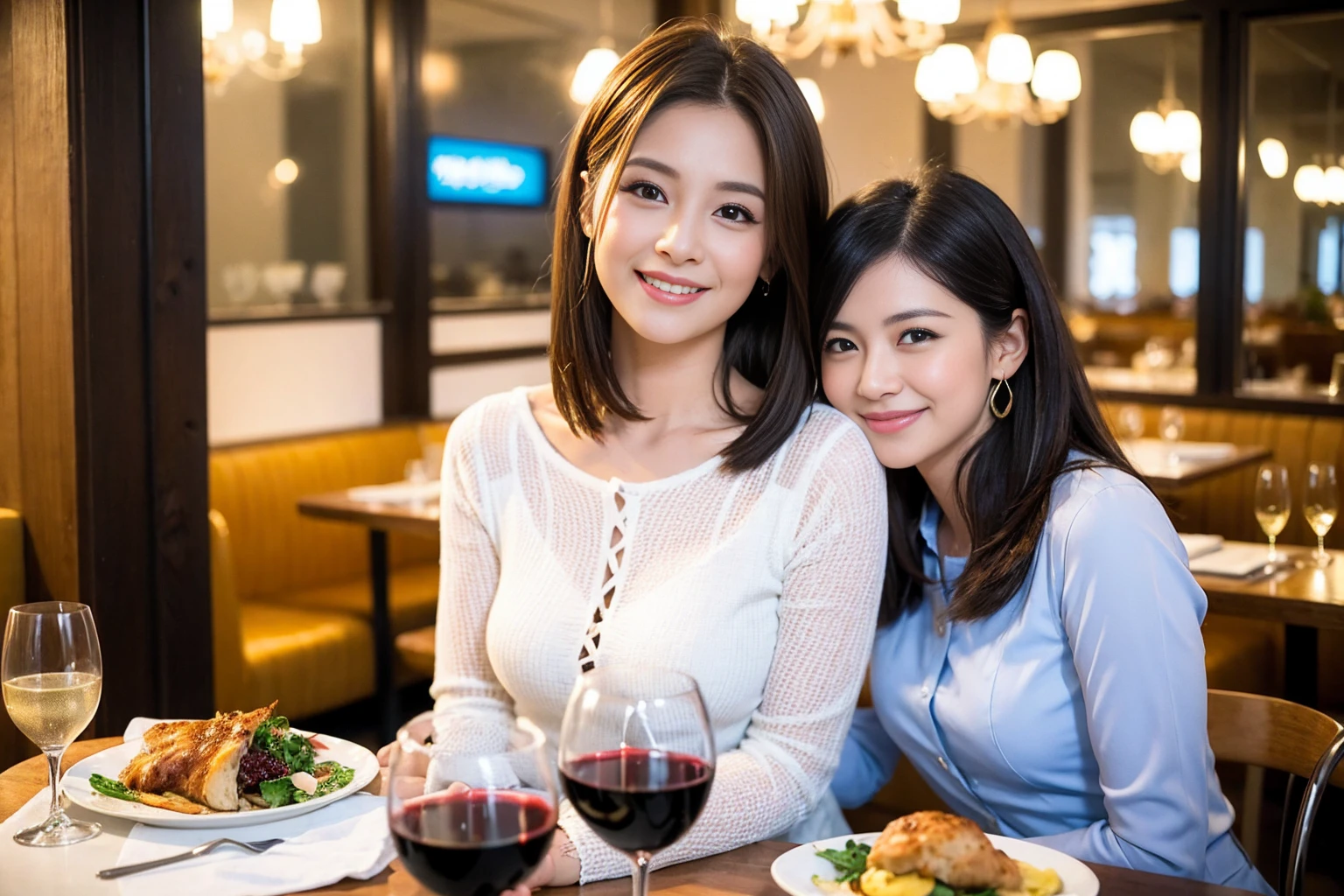 ((Highest quality、8K、masterpiece:1.3))、1 male 1 female、Slim lover、actress、Beautiful couple、Smile、full-course dinner、 (Slim face), (the body is スリム), (Brown Hair), (Shortcuts), ((Bob Hale、Straight hair:1.2)), テーブルの上のwine glass、Shine light on your face、 Amazing view of the sunset sky and clouds、The beauty of a smile、Bright image、Blushing, Shortcuts, (Age 35), 39 years old, Appetizers、Italian food、Wine bottle、Champagne、sparkling wine、Long sleeve shirt、dress、Attractive beauty、restaurant, Nova Frog Style, actress, model, Upper Body, White wine, red wine, wine glass, 