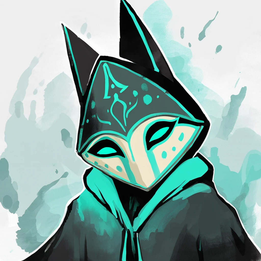 Zant Mask with teal light-teal and dark-teal color palette with background in ink and wash art style