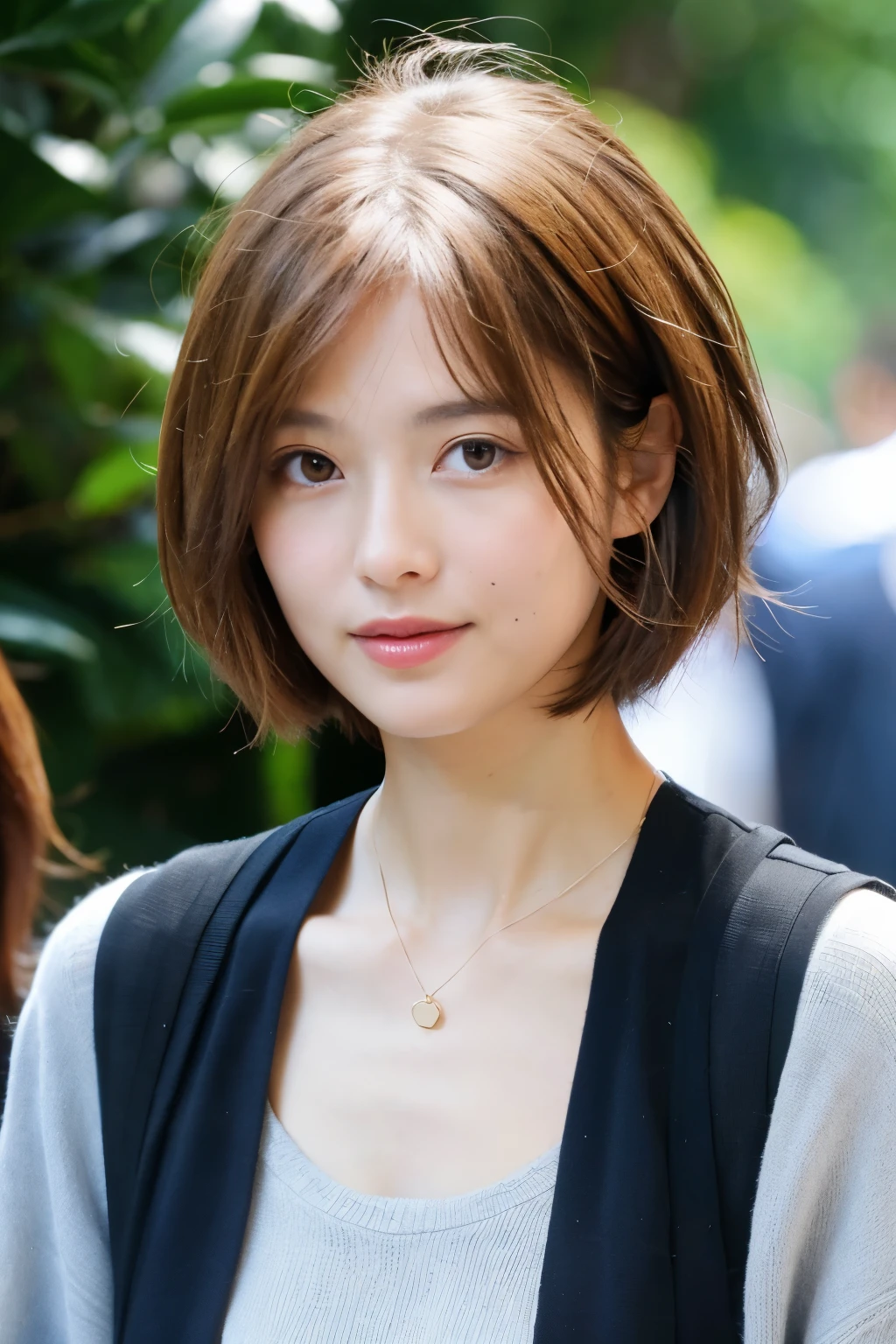 Tall, beautiful woman, pretty face, short hair.