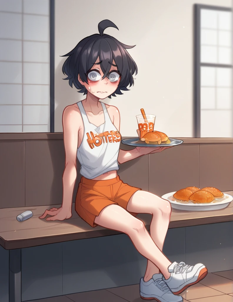 1 girl, alone, ppka, black fur, short hair, messy fur, Ahoge, parts, parts por todo el cuerpo, grey eyes, blind eyes, kind eyes, very nervous, looking at the viewer, blushing Minishort, minishort naranja, sport short, mini tank top, white mini shirt, white tennis shoes, (hooters waitress) (Hooters uniform) restaurant, small notebook and pen in hands, posing