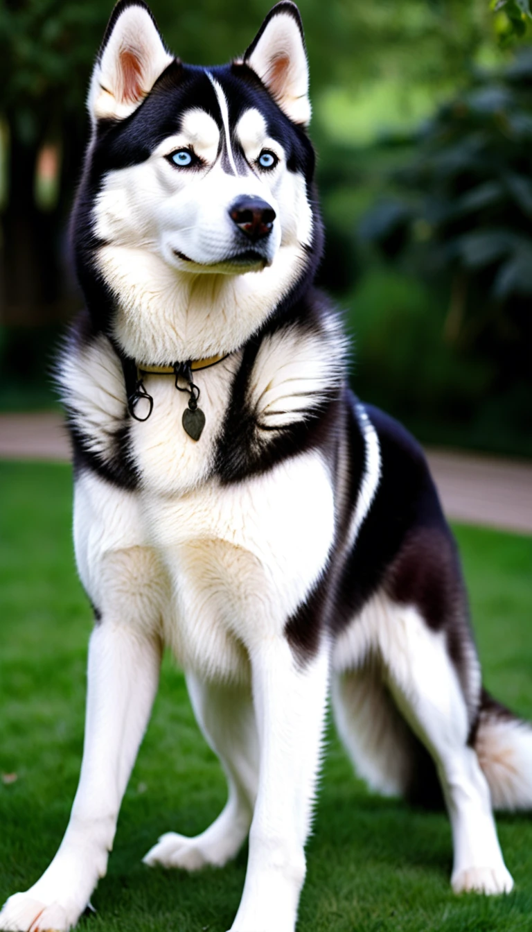 There is no one, realistic photo, photo realism, realism, Siberian Husky (Siberian Husky), perfect composition, intricate details, Very sharp, masterpiece, profile, high resolution, looking at the viewer, Full body photo in garden background